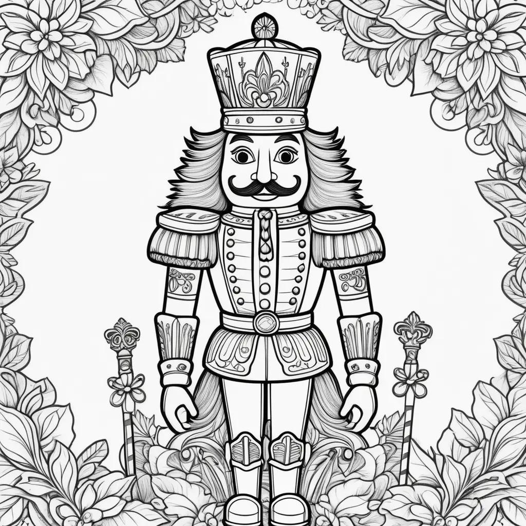 Black and white Nutcracker coloring page with decorative border