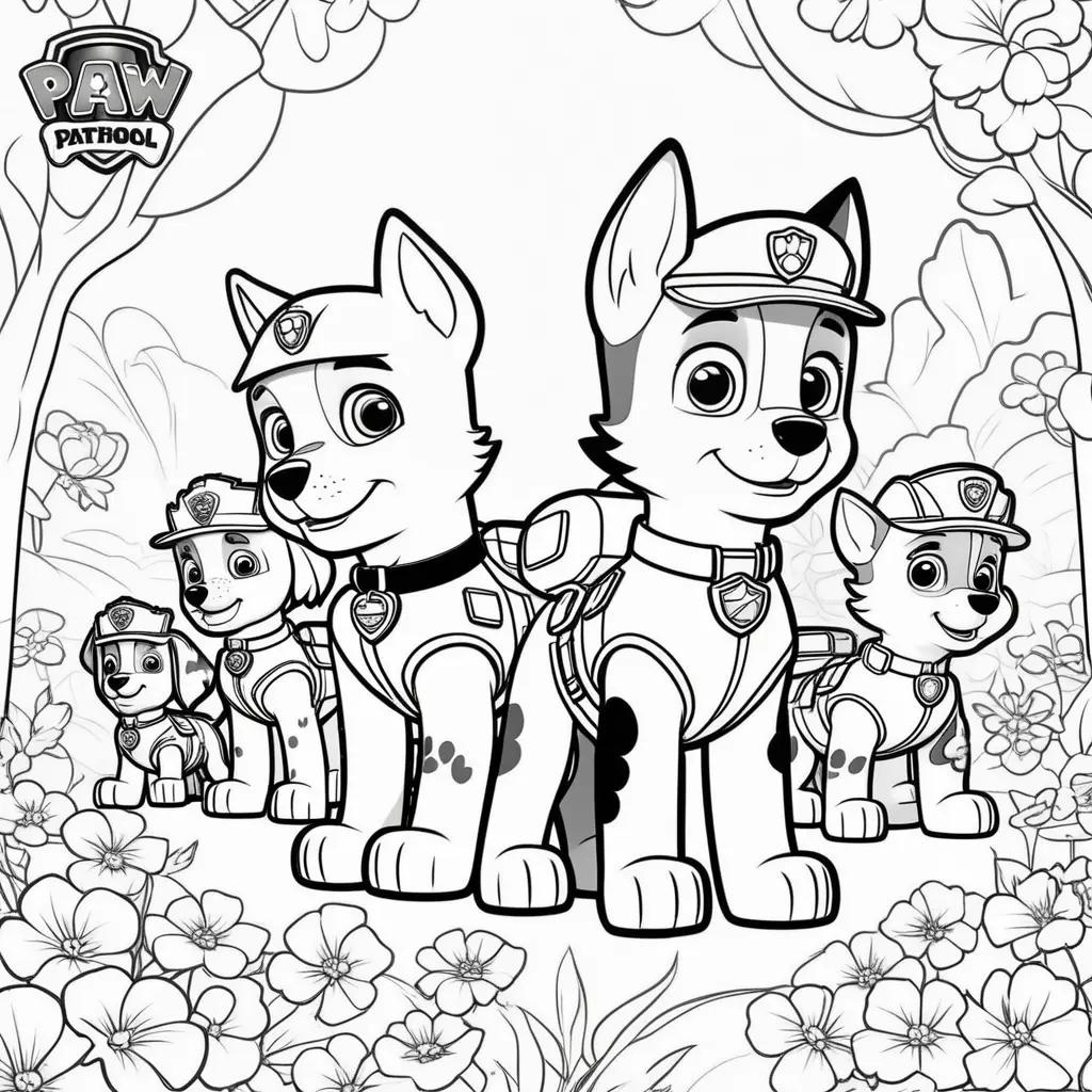 Black and white Paw Patrol coloring pages featuring four dogs