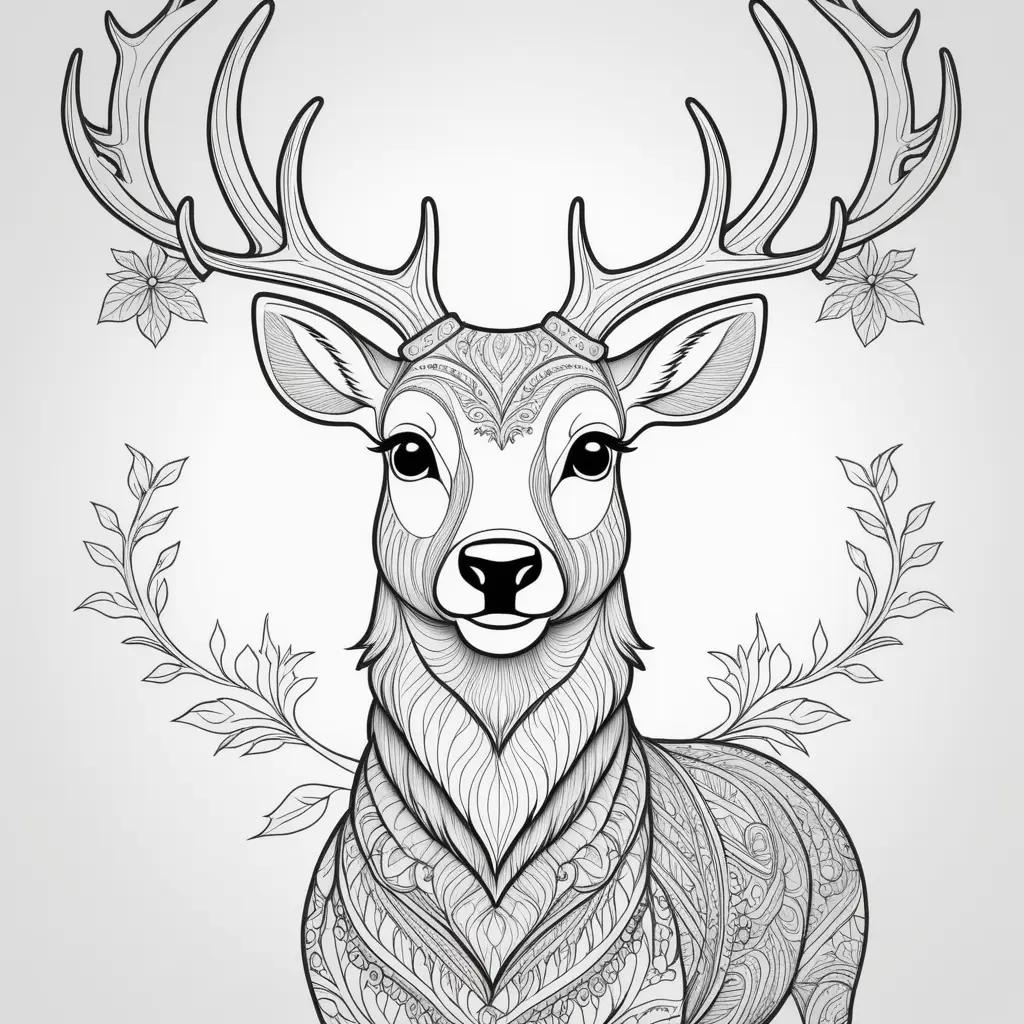 Black and white Rudolph coloring page with antlers and leaves