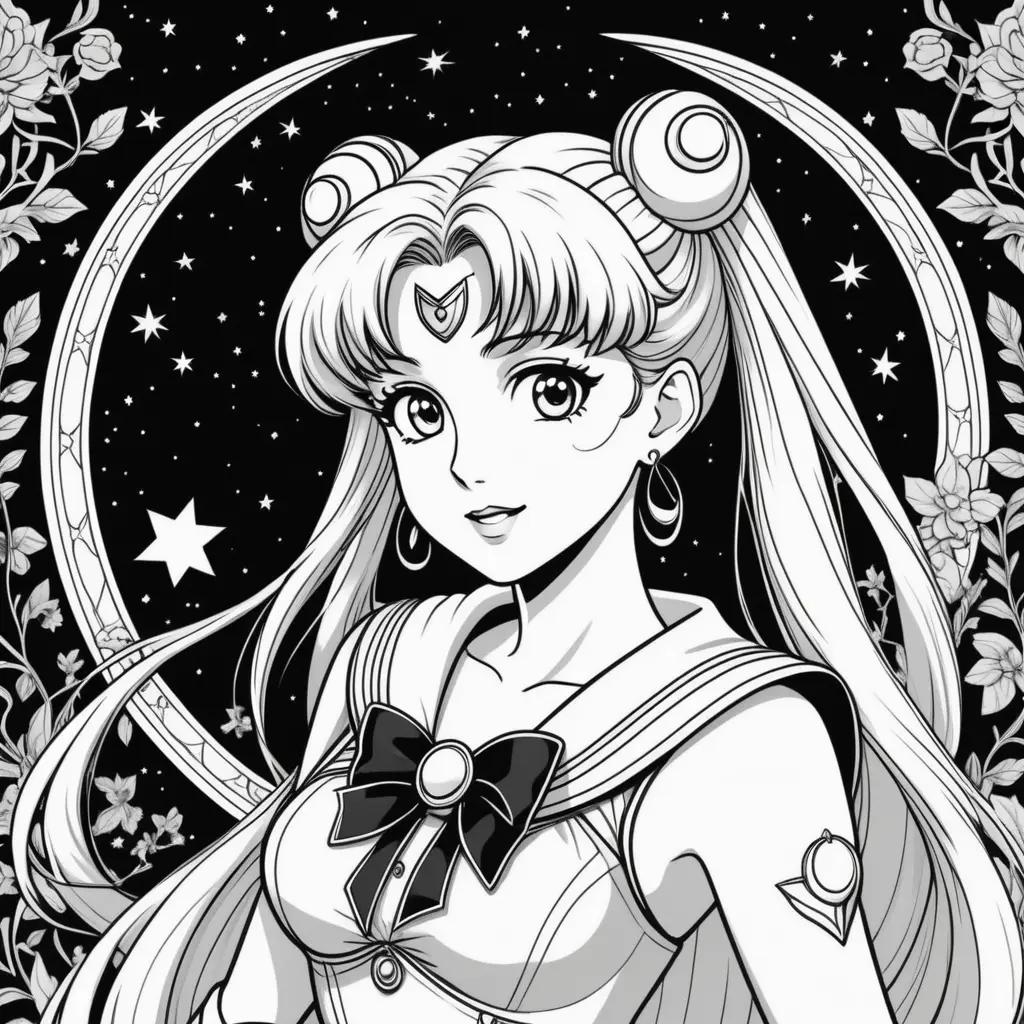 Black and white Sailor Moon coloring pages featuring a woman