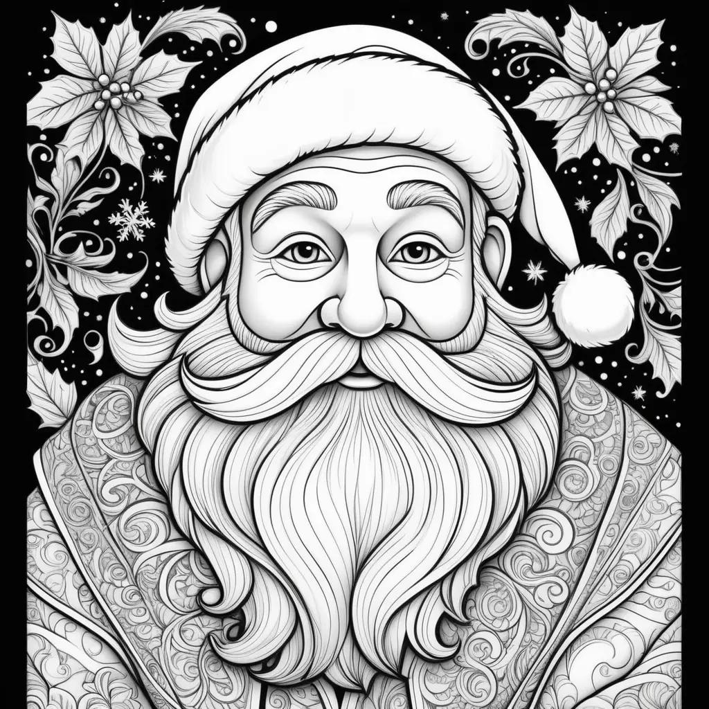 Black and white Santa Claus coloring page with a beard and a hat