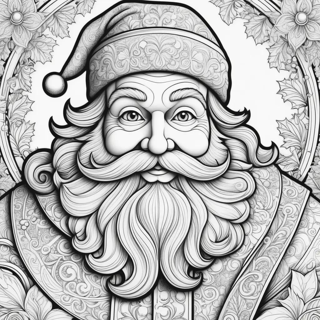 Black and white Santa Claus coloring page with a beard and hat