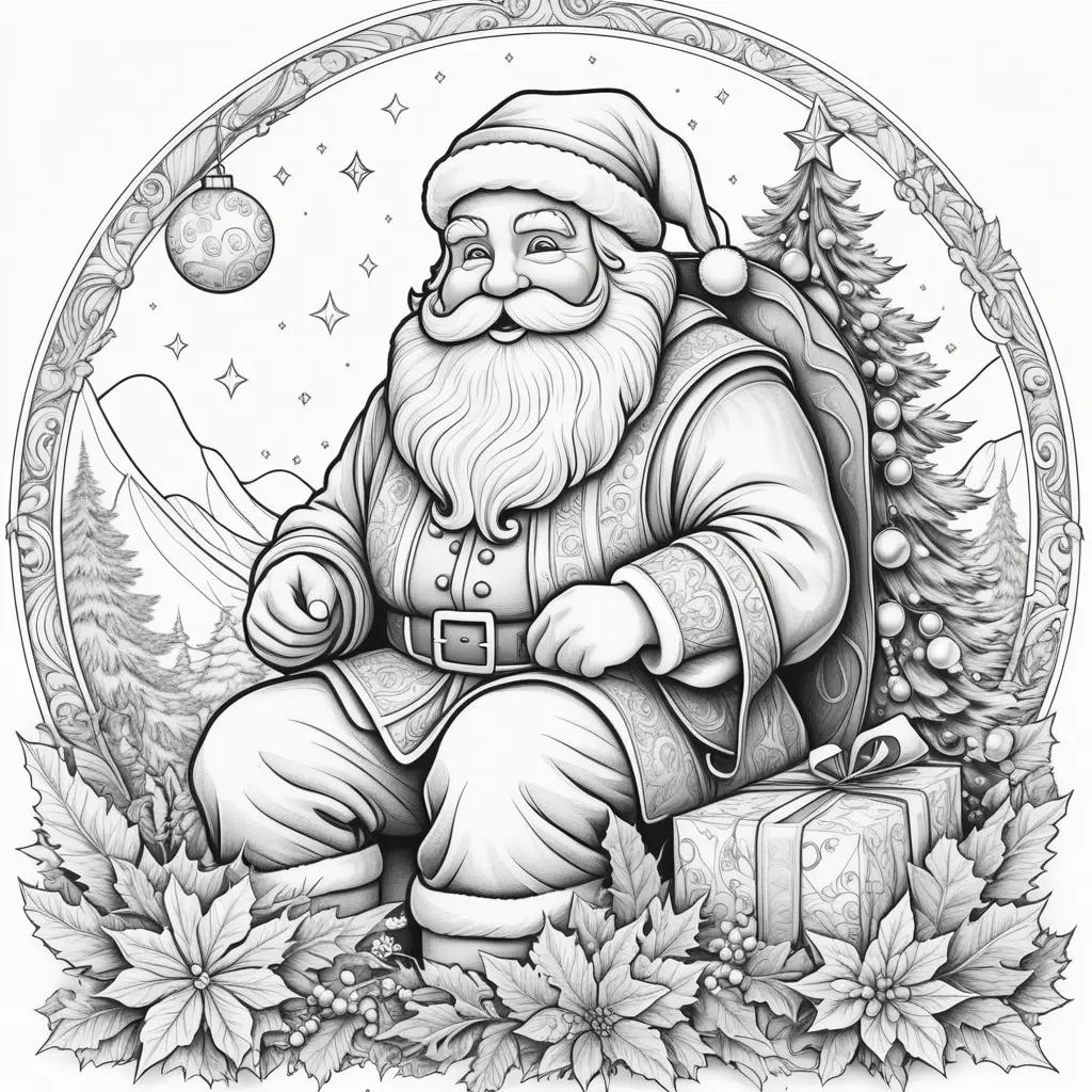 Black and white Santa Claus coloring page with gifts