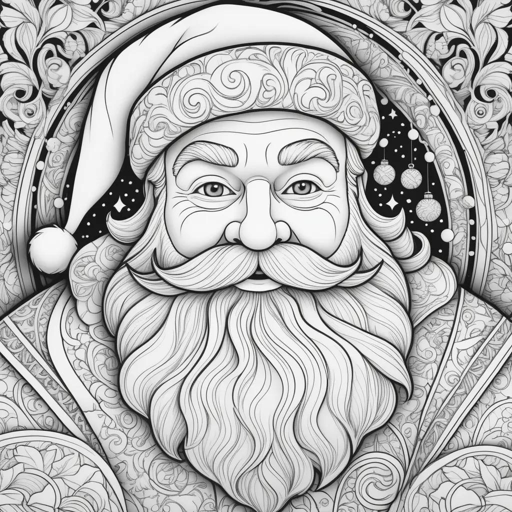 Black and white Santa Claus coloring page with ornaments