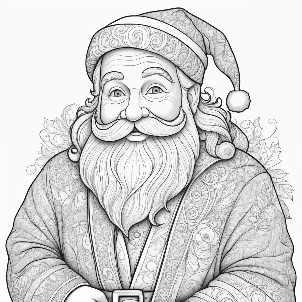 Black and white Santa Clause coloring page with a beard and hat