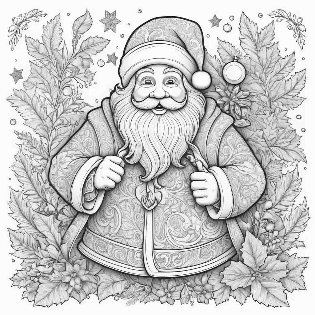 Black and white Santa coloring page with stars and leaves