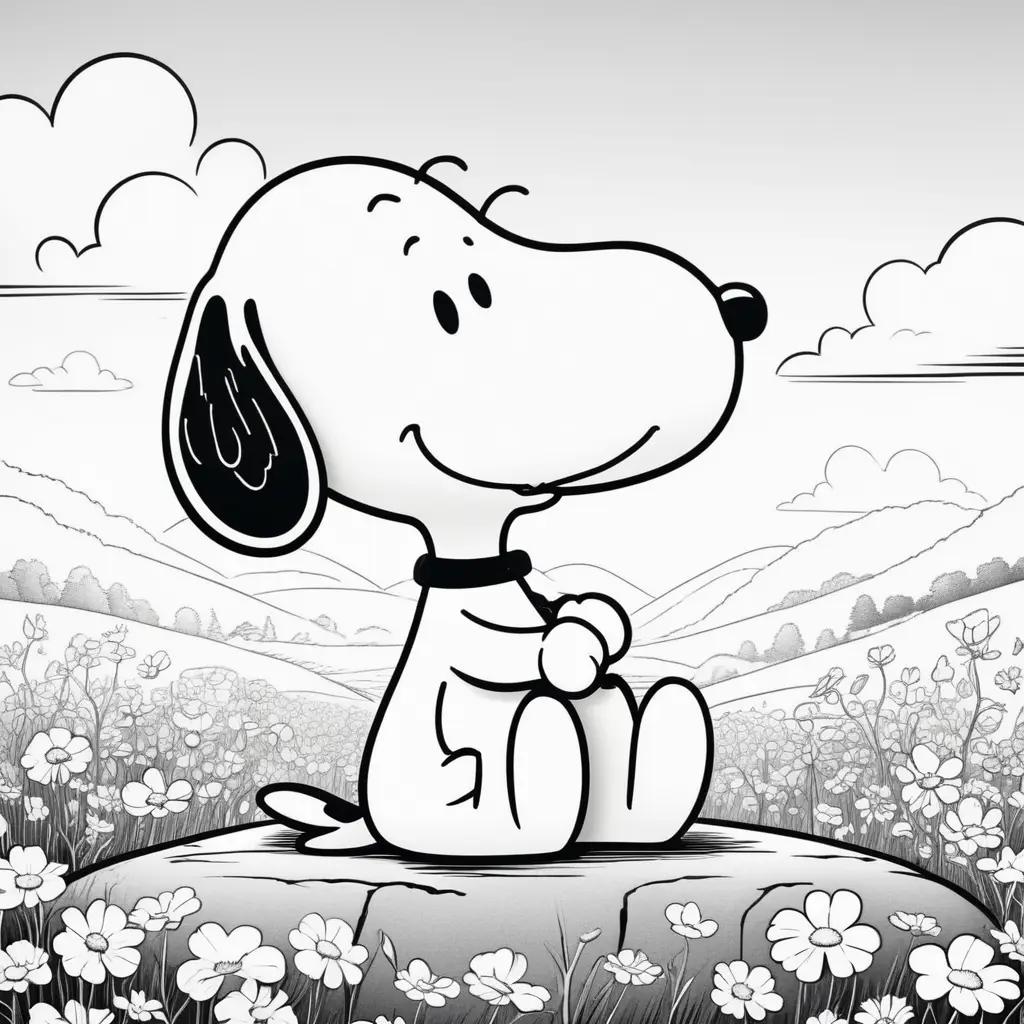 Black and white Snoopy sitting in field of flowers