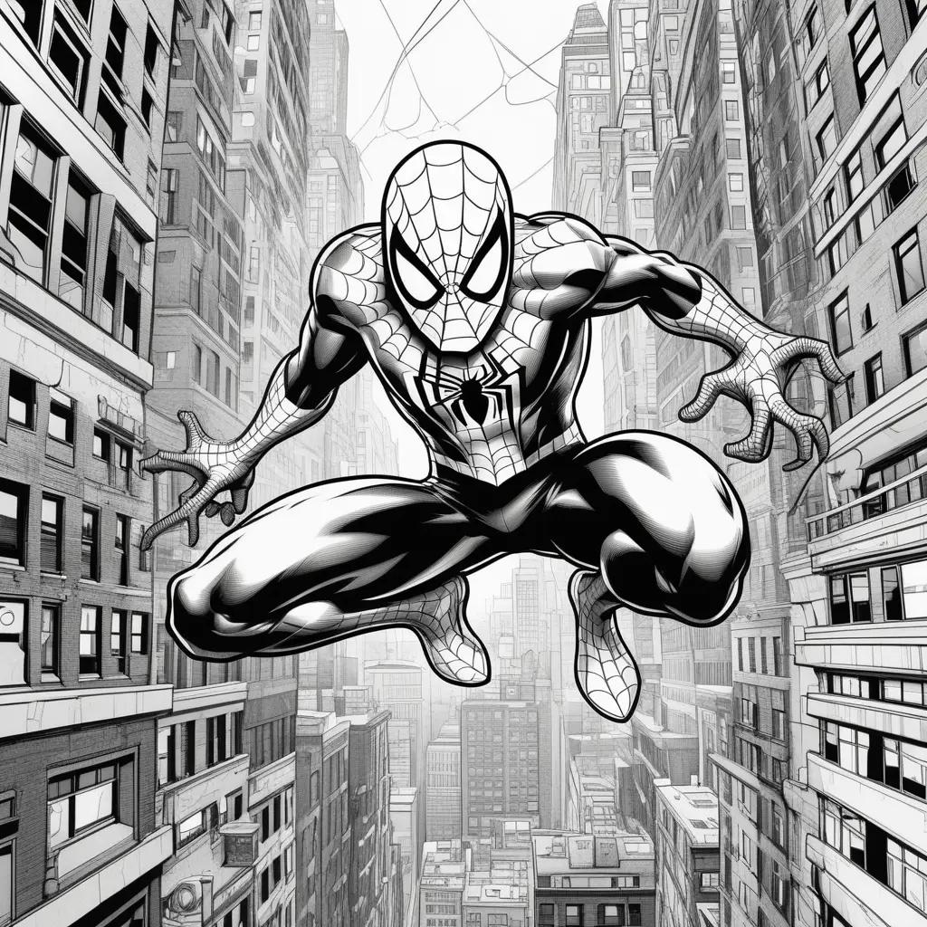 Black and white Spider-Man illustration in a cityscape