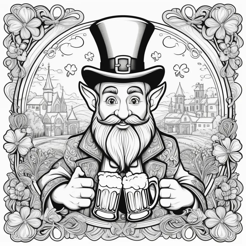 Black and white St. Patricks Day coloring page with a bearded man holding two mugs