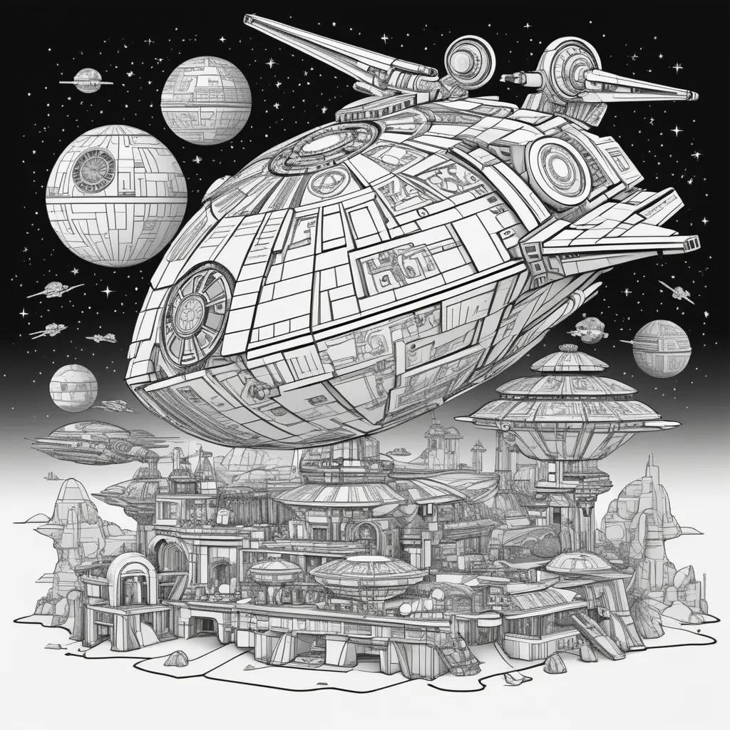 Black and white Star Wars coloring pages featuring the Millennium Falcon and other spaceships