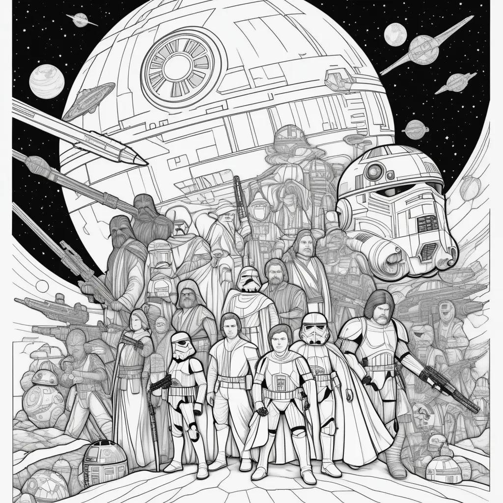 Black and white Star Wars coloring pages of a group of people