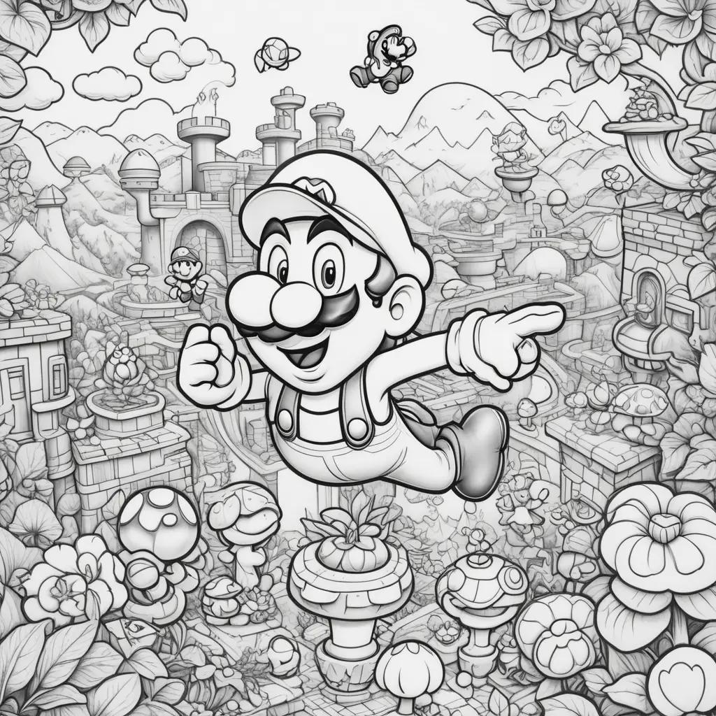 Black and white Super Mario Bros coloring page with mushroom kingdom