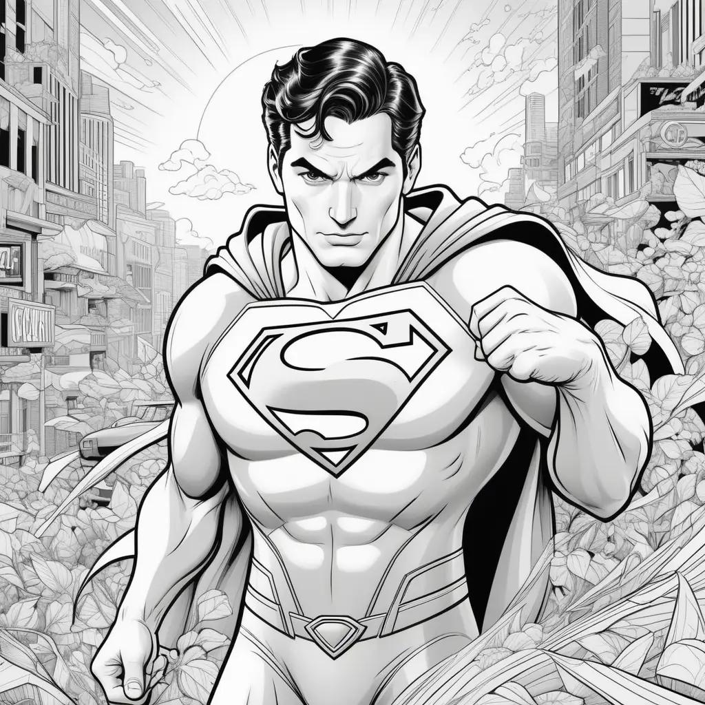 Black and white Superman coloring pages with a city background