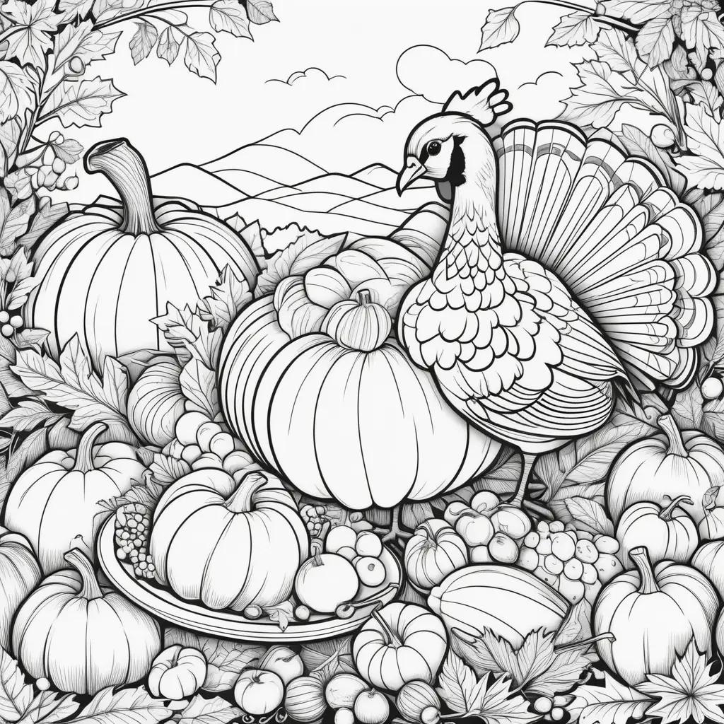 Black and white Thanksgiving bird and pumpkin coloring pages