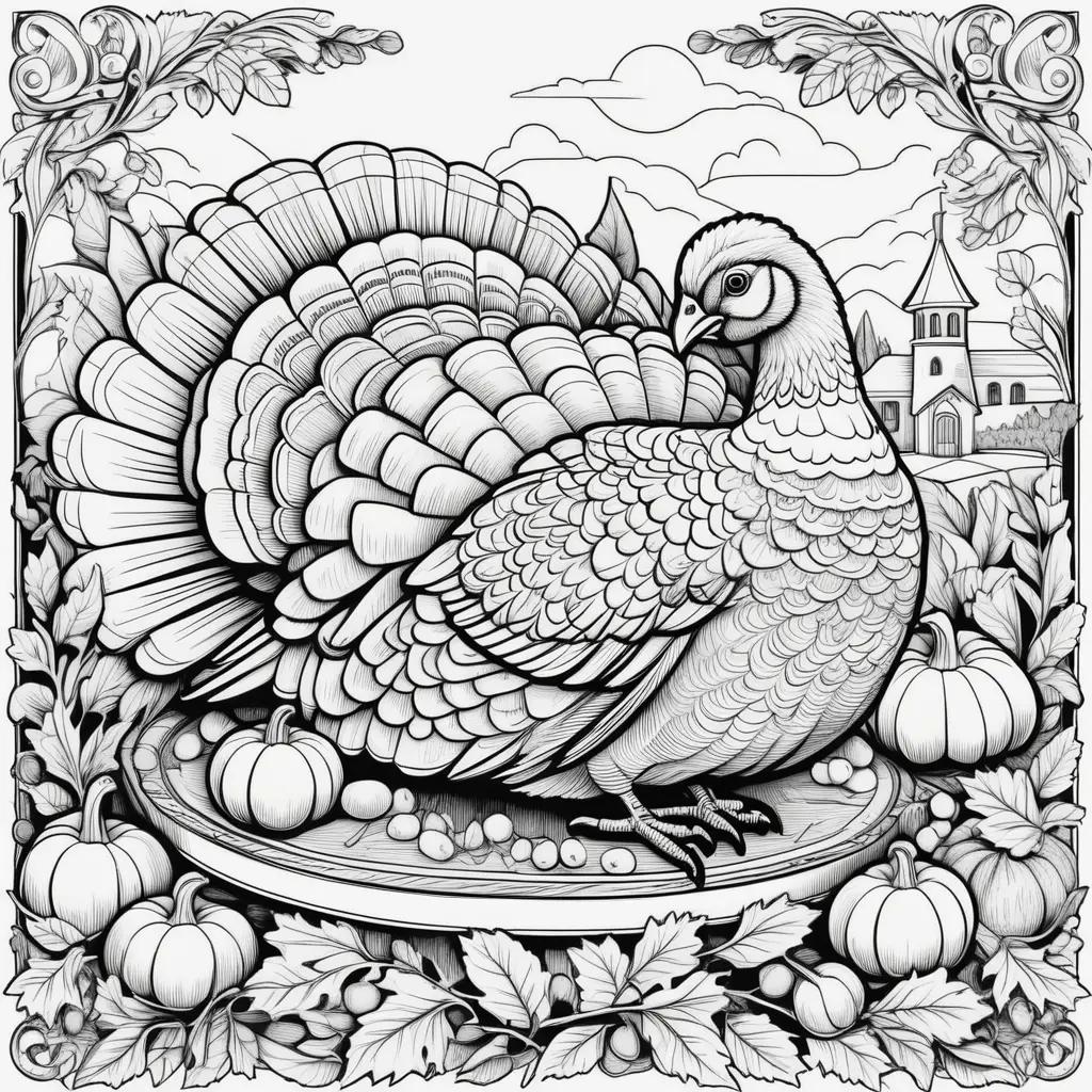 Black and white Thanksgiving bird and pumpkin coloring pages