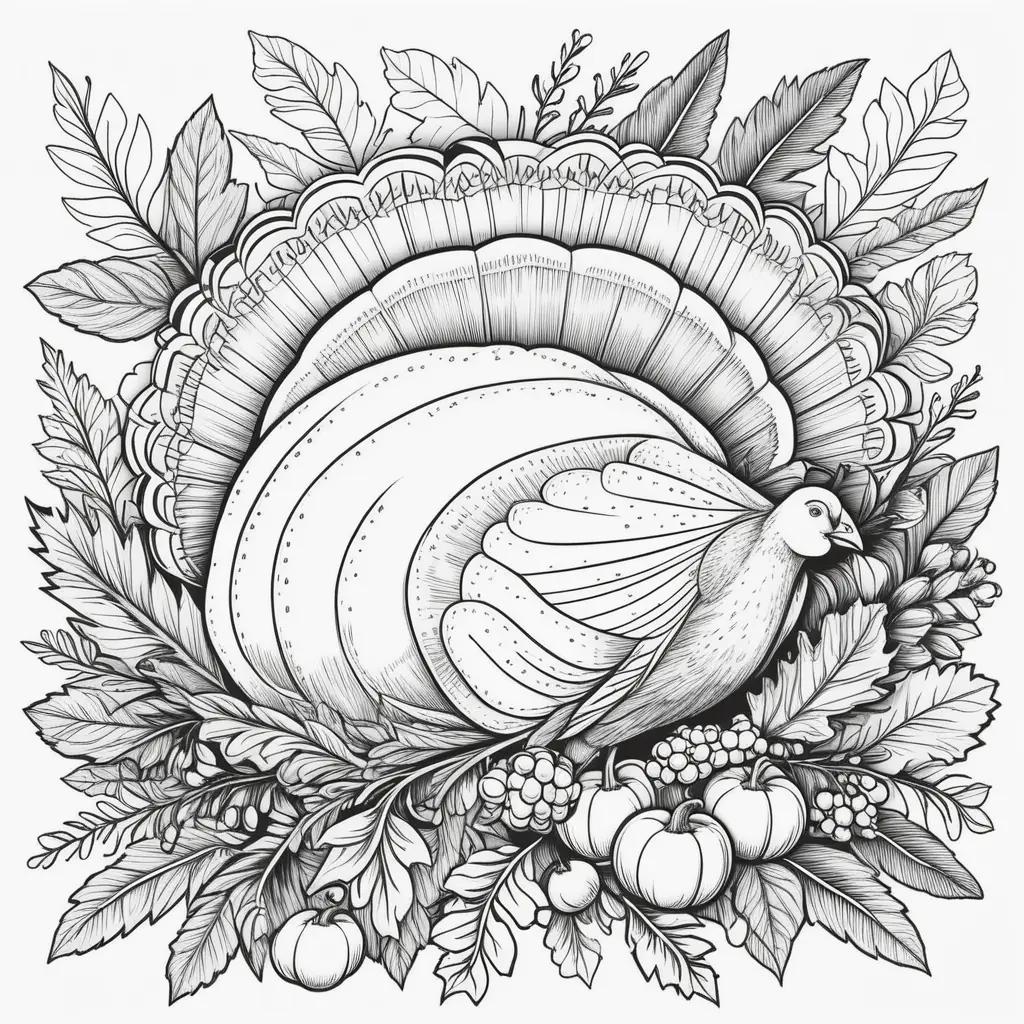 Black and white Thanksgiving color page with a turkey and leaves