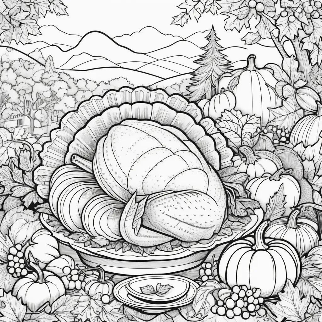 Black and white Thanksgiving coloring pages featuring pumpkins and grapes