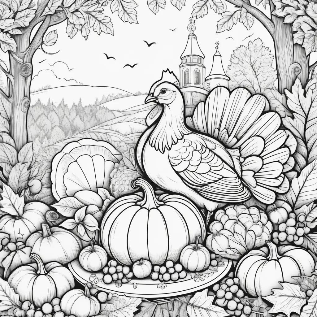 Black and white Thanksgiving coloring pages with a turkey and pumpkins