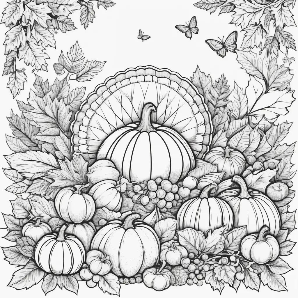 Black and white Thanksgiving coloring pages with leaves and pumpkins