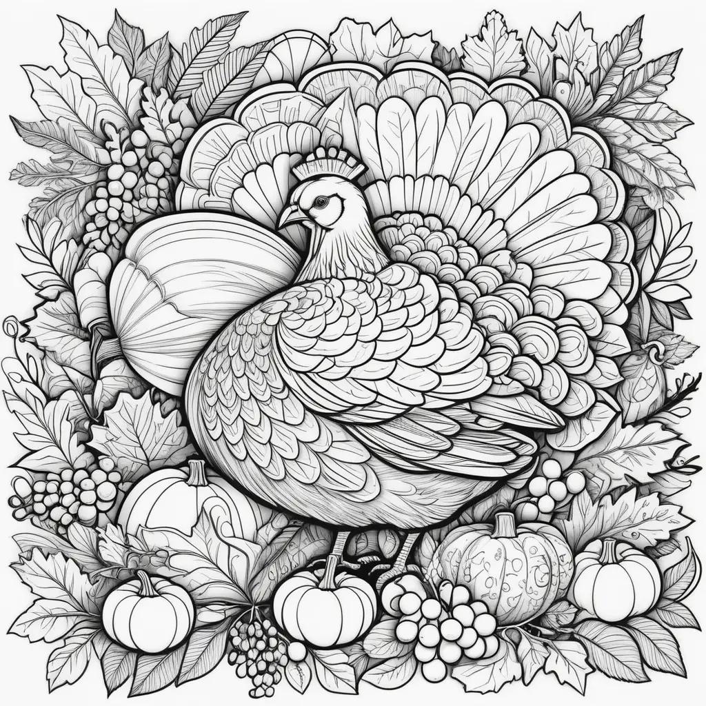 Black and white Thanksgiving coloring pages with turkey and other fall items