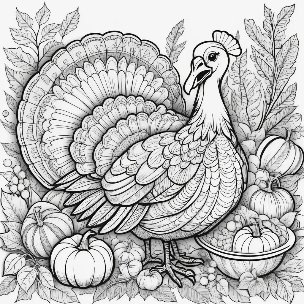 Black and white Thanksgiving coloring pages with turkey and pumpkins