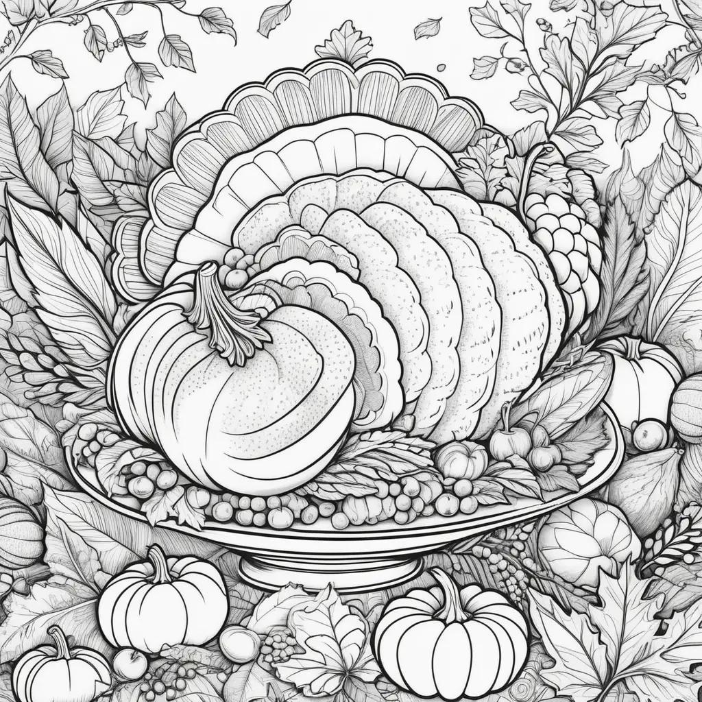 Black and white Thanksgiving turkey coloring page with leaves