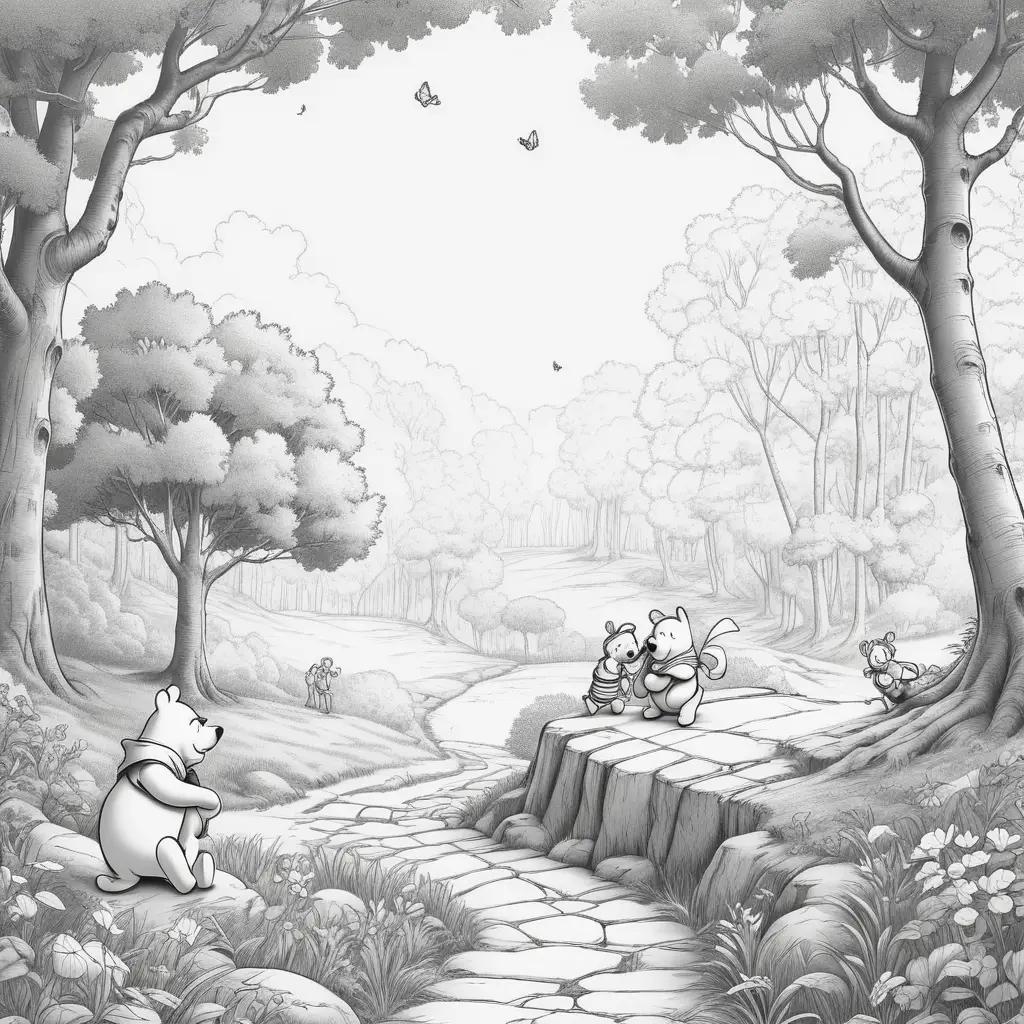 Black and white Winnie the Pooh scene in a forest