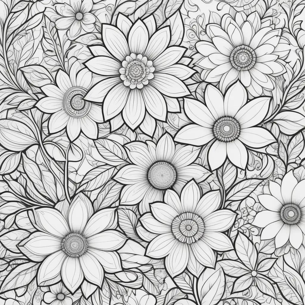 花をフィーチャーした黒と白の大人の塗り絵のページ