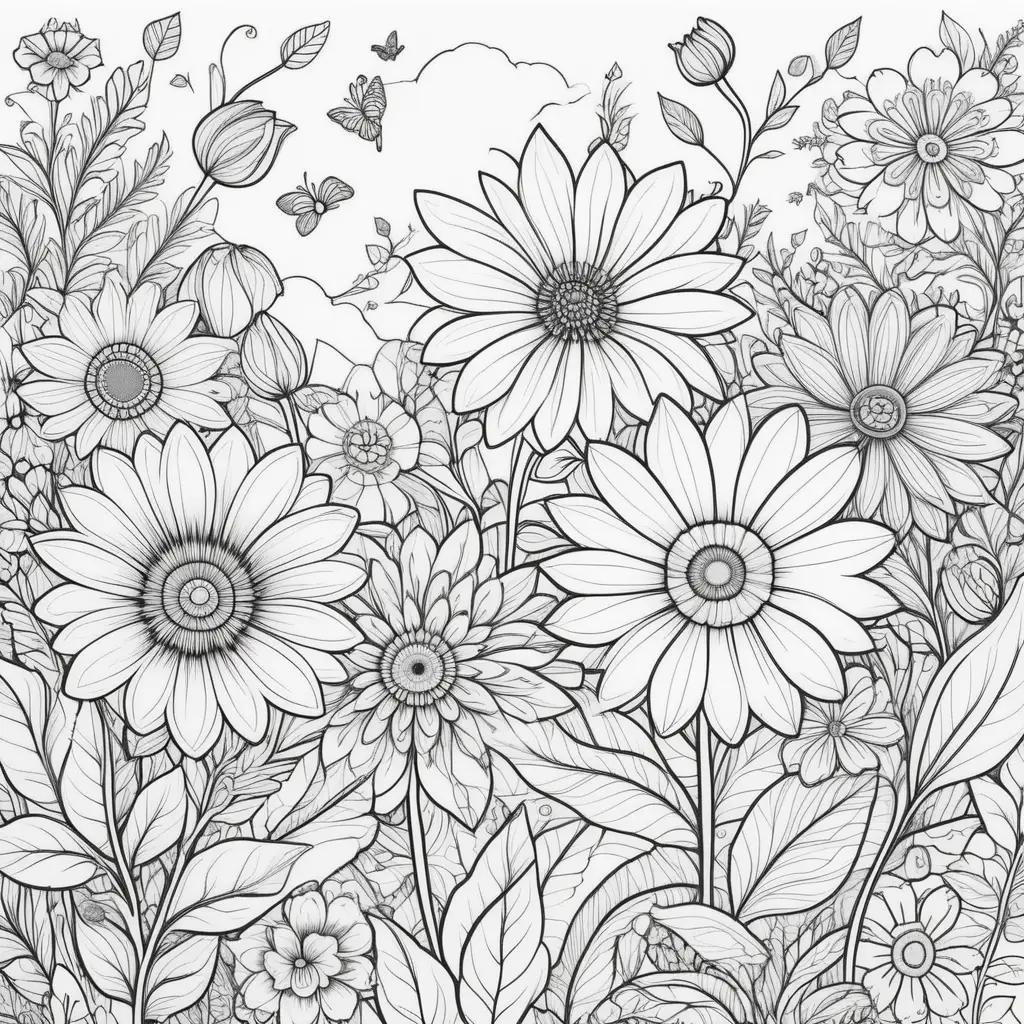 花と蝶と黒と白の大人の塗り絵のページ