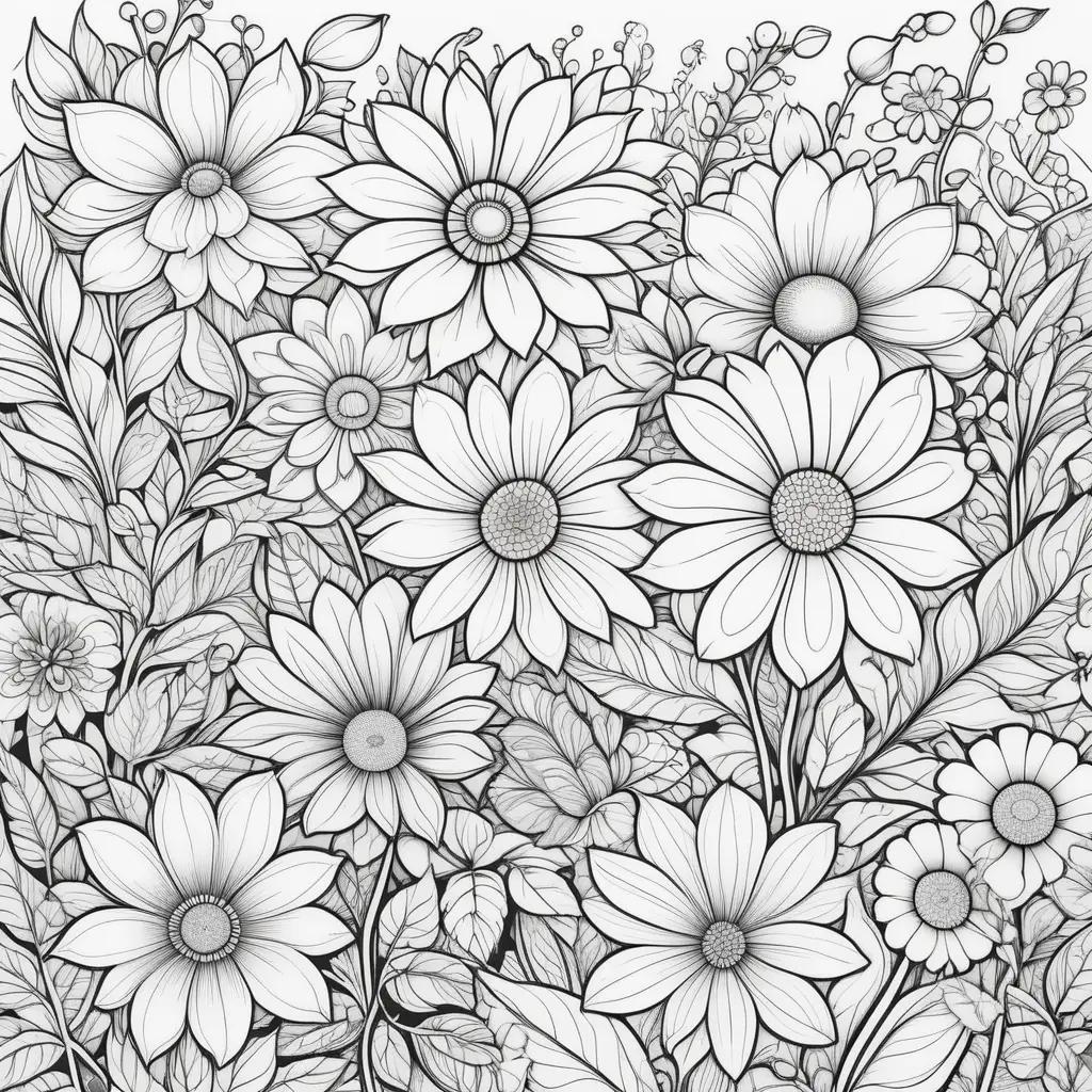 花と黒と白の大人の塗り絵のページ