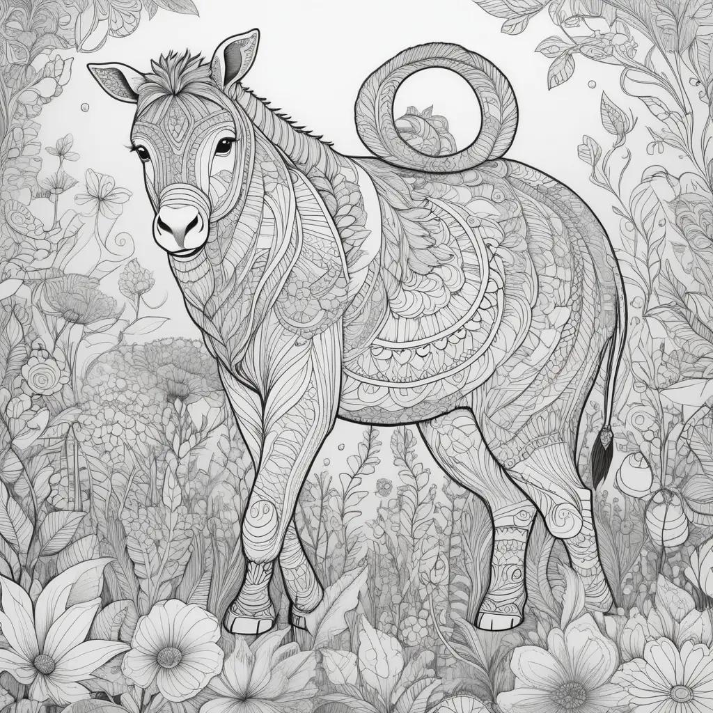 Black and white adult coloring page of a horse in a field