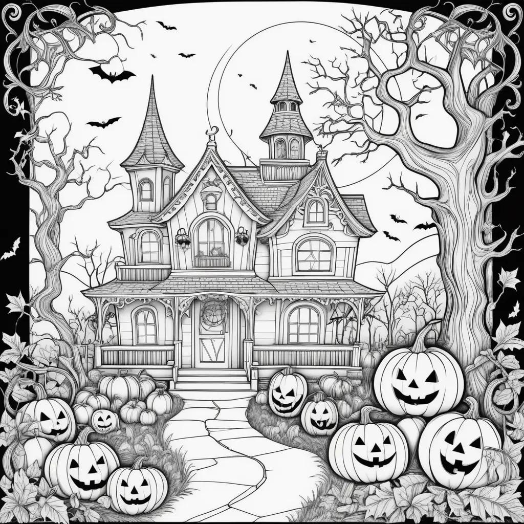 Black and white adult coloring pages of a house with pumpkins