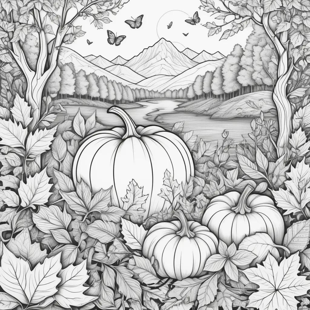 Black and white adult coloring pages of pumpkins and leaves