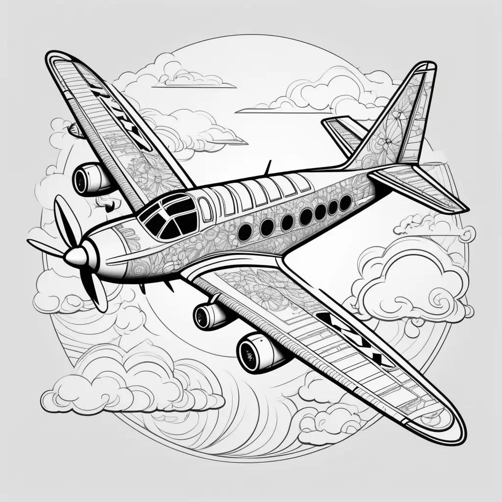 Black and white airplane coloring pages with clouds