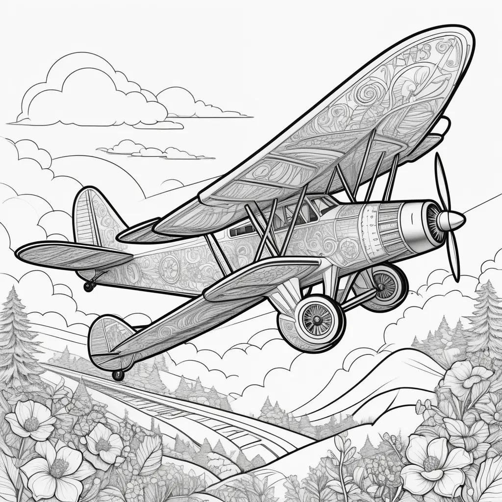 Black and white airplane coloring pages with floral background