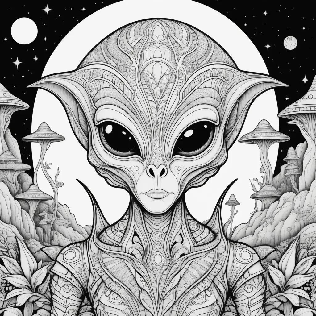 Black and white alien coloring page with stars and mushrooms