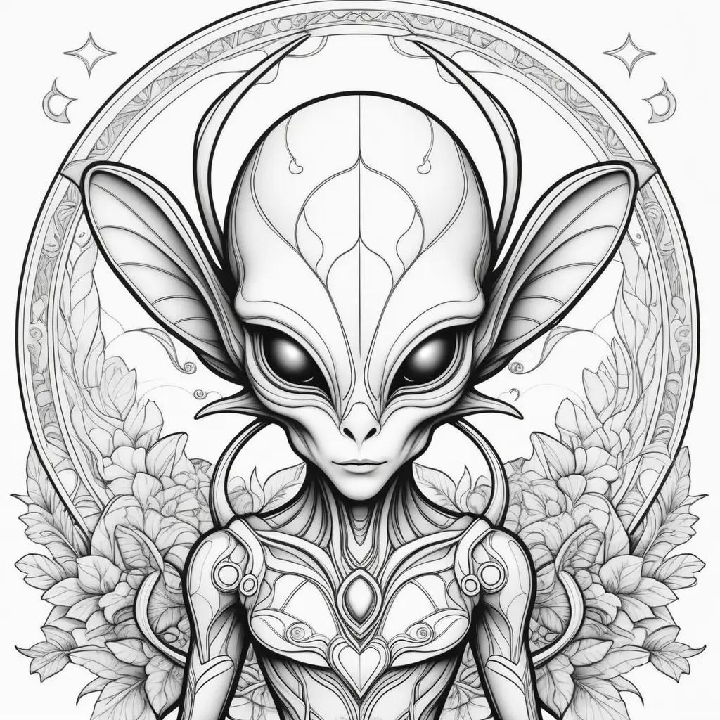 Black and white alien coloring pages with a floral background