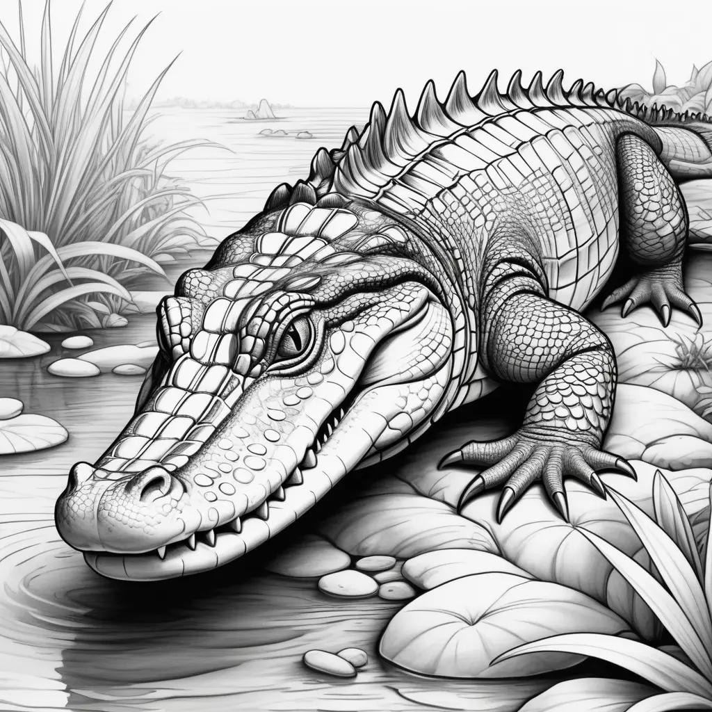 Black and white alligator coloring pages with rocks and grass