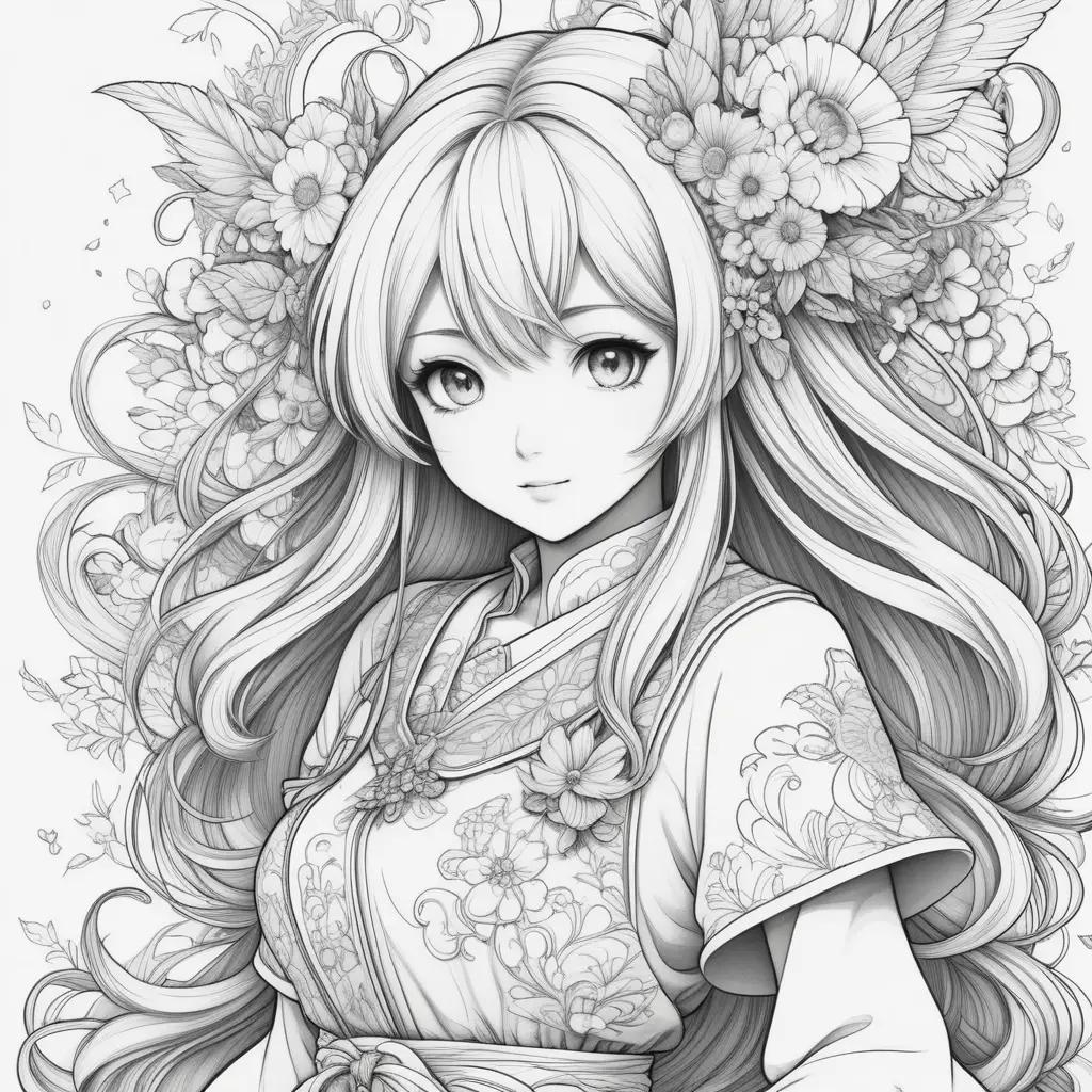 Black and white anime color page with a girl and flowers