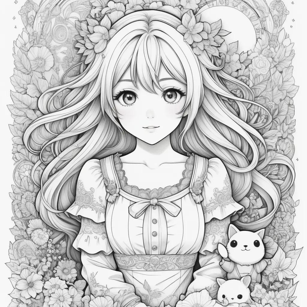 Black and white anime coloring page of a girl