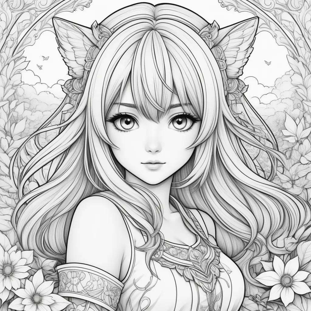 Black and white anime coloring page with flowers