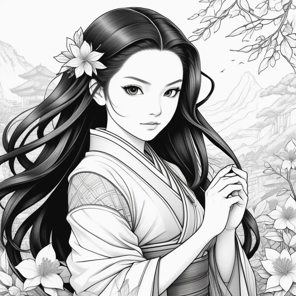 Black and white anime coloring pages featuring a girl and flowers