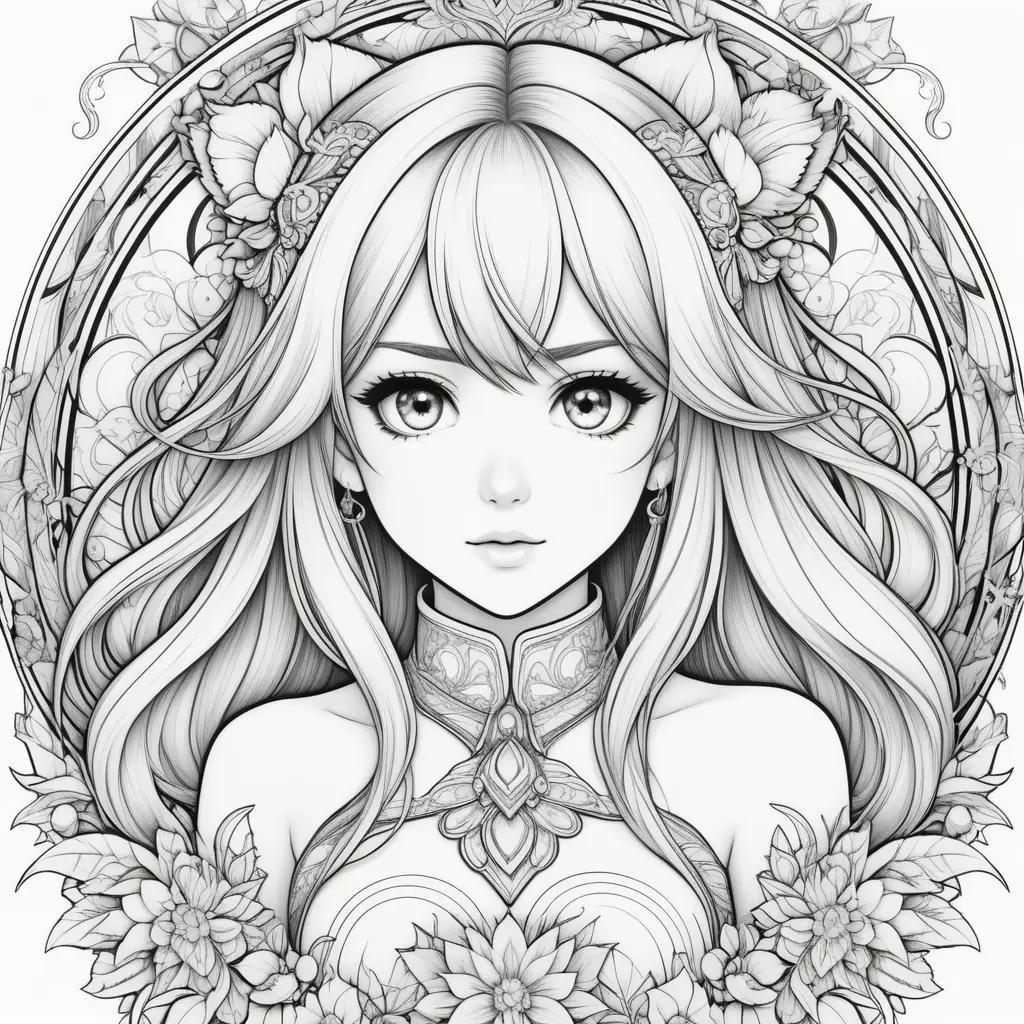 Black and white anime coloring pages featuring a girl with long hair