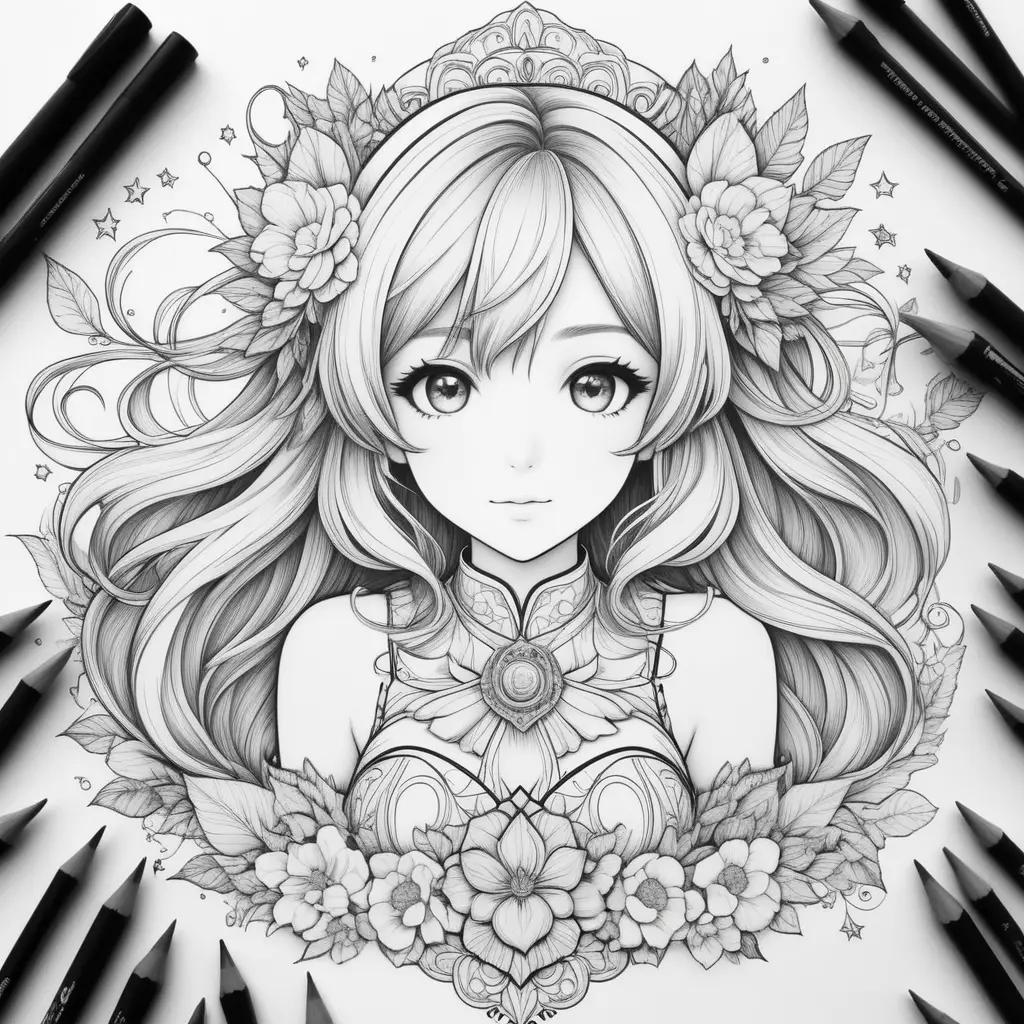 Black and white anime coloring pages with a girl