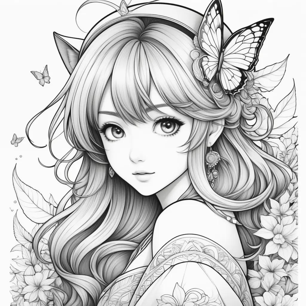 Black and white anime coloring pages with butterflies and flowers