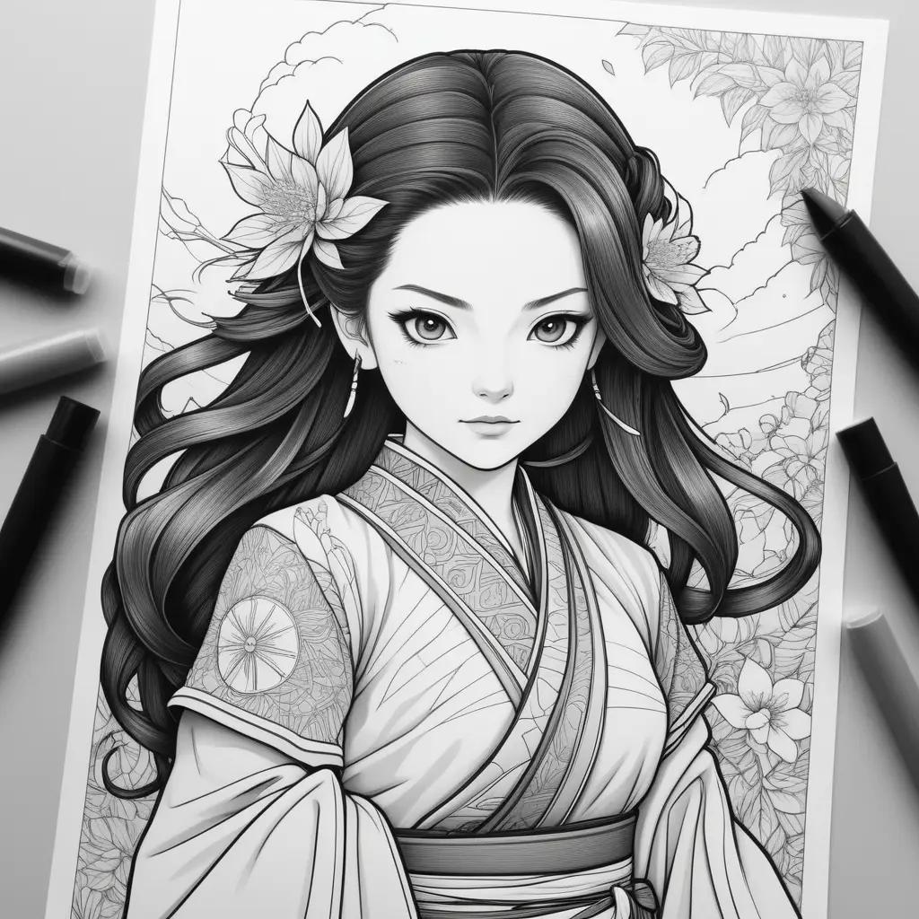 Black and white anime girl coloring pages featuring a flower and a butterfly