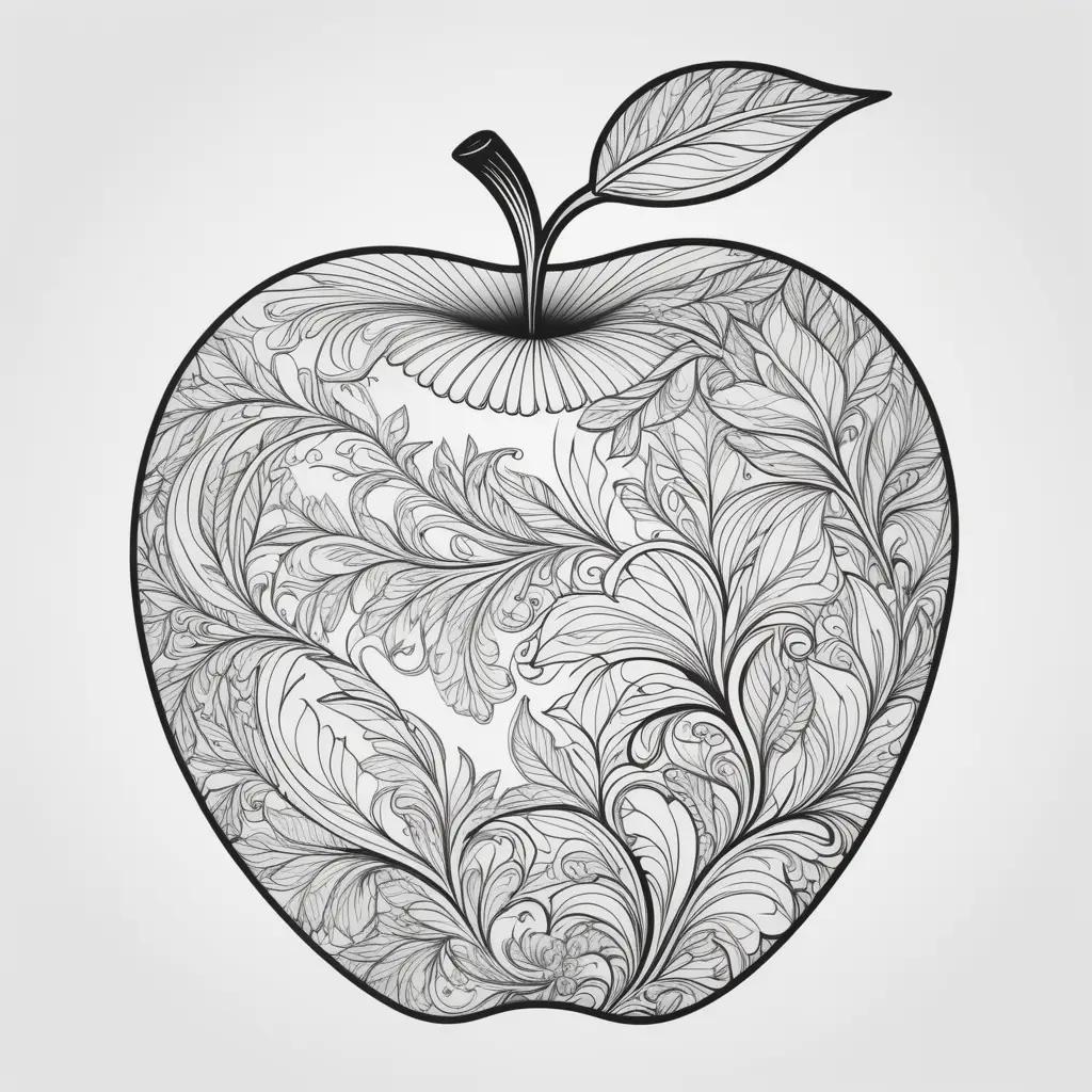 Black and white apple coloring pages with leaves