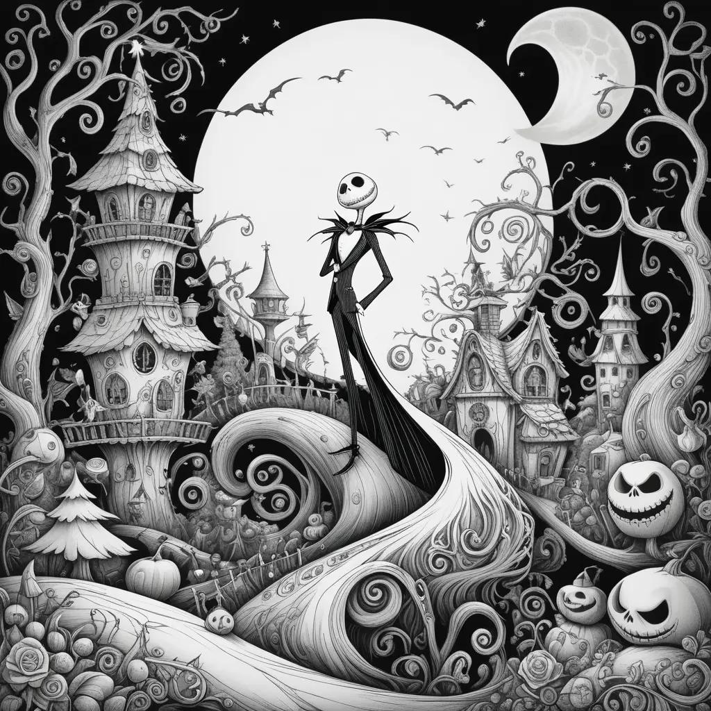 Black and white art of Jack Skellington on a pumpkin float