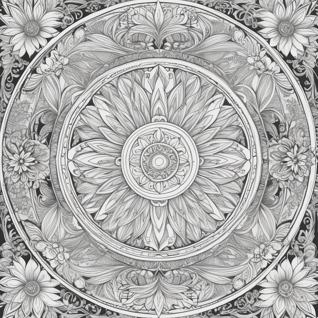 Black and white art of a floral design in a circle