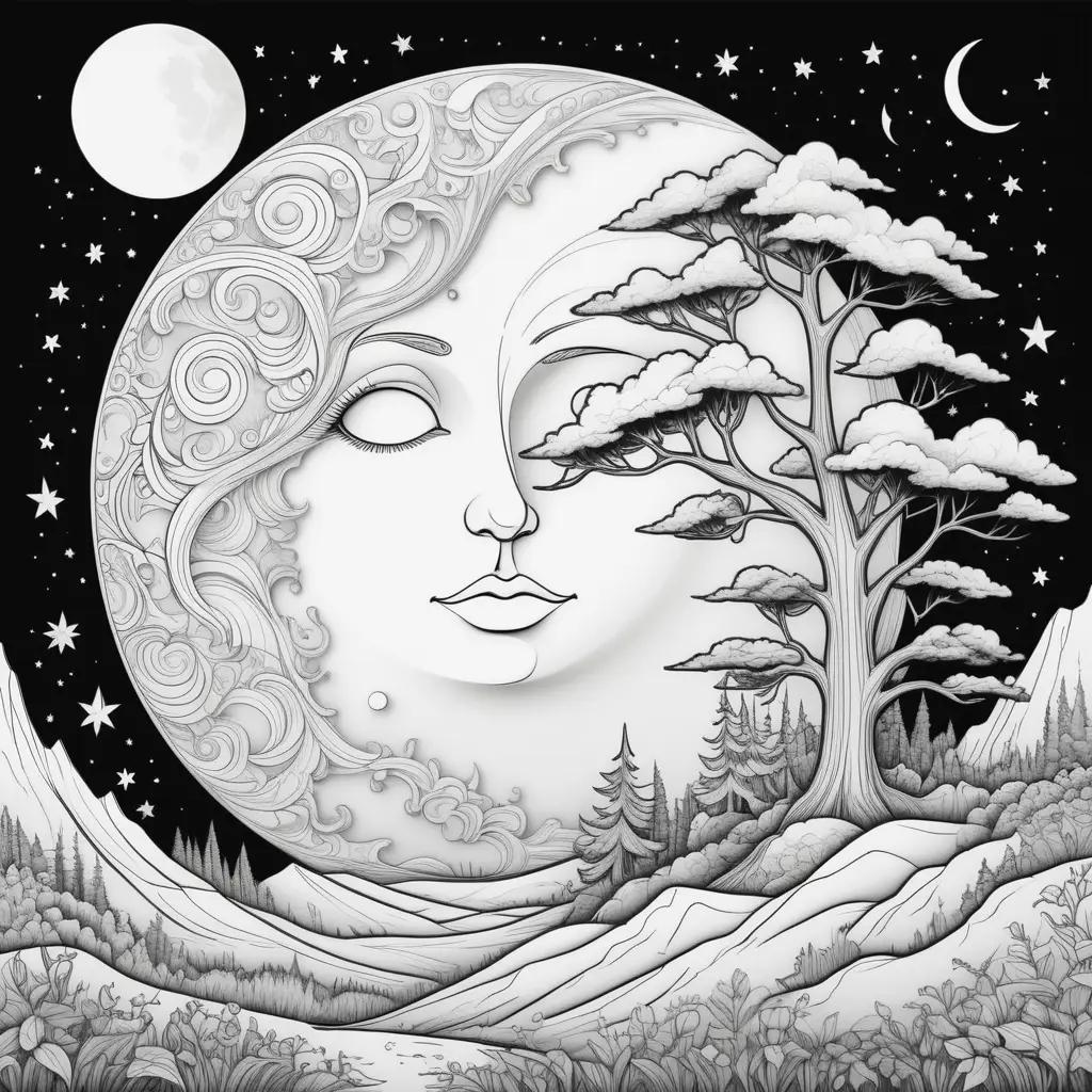 Black and white art of a moon and tree